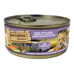 Lata Natural Greatness codorniz, riñones de cerdo, zanahorias y judías para gatos