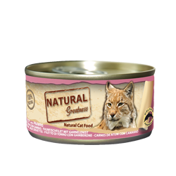 Lata de comida húmeda Natural Greatness con filete de atún y gambas para gatos