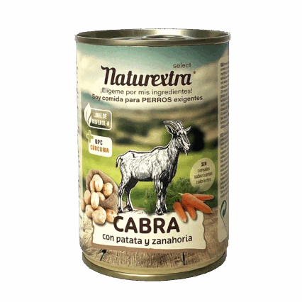 Lata de comida húmeda 400 g con cabra, patata, zanahoria y avenimientos antioxidantes, sin cereales, envase sin bisfenol-A