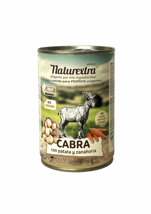 Lata de comida húmeda 400 g con cabra, patata, zanahoria y avenimientos antioxidantes, sin cereales, envase sin bisfenol-A