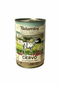 Lata de comida húmeda de ciervo, arándanos y cúrcuma, monoproteica, sin cereales, envase sin bisfenol-A