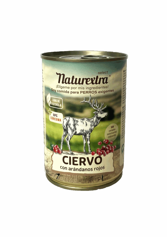 Lata de comida húmeda de ciervo, arándanos y cúrcuma, monoproteica, sin cereales, envase sin bisfenol-A