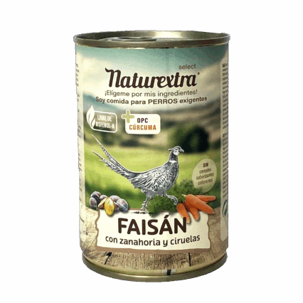 Lata de comida húmeda para perros con faisán, zanahoria y ciruela, monoproteica, sin cereales, antioxidantes naturales, sin bisfenol-A
