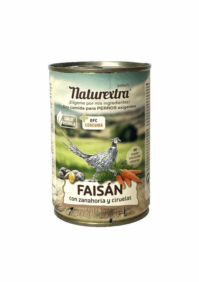 Lata de comida húmeda para perros con faisán, zanahoria y ciruela, monoproteica, sin cereales, antioxidantes naturales, sin bisfenol-A