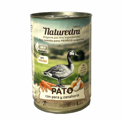 Lata de comida húmeda para perros con pato, zanahoria y pera, monoproteica, sin cereales, OPC + cúrcuma, lata segura sin bisfenol-A