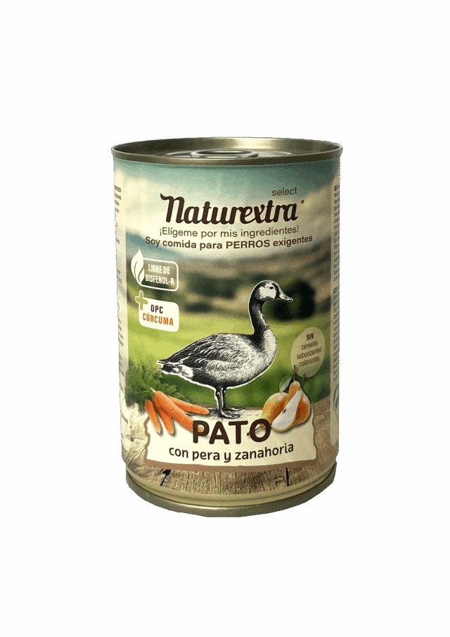Lata de comida húmeda para perros con pato, zanahoria y pera, monoproteica, sin cereales, OPC + cúrcuma, lata segura sin bisfenol-A