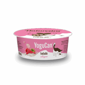 Tarrina de YoguCan Helado con colágeno y frambuesa + Topping, yogur funcional sin lactosa para perros y gatos, formato 110 g, con probióticos y antioxidantes naturales