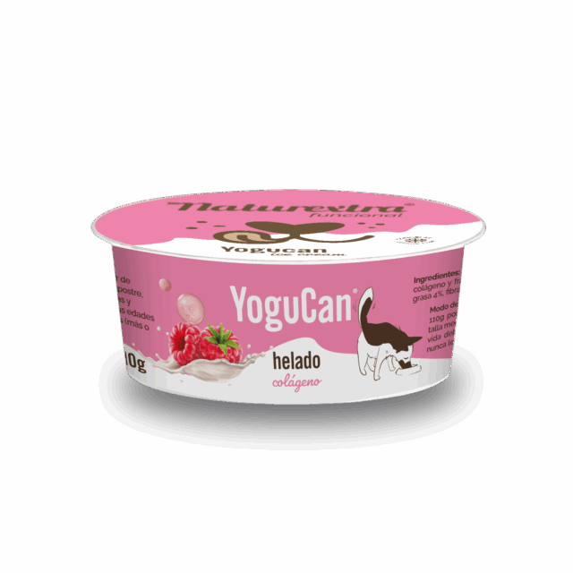 Tarrina de YoguCan Helado con colágeno y frambuesa + Topping, yogur funcional sin lactosa para perros y gatos, formato 110 g, con probióticos y antioxidantes naturales