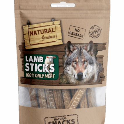 Bolsa de sticks de cordero deshidratados 70 g Natural Greatness, snack hipoalergénico