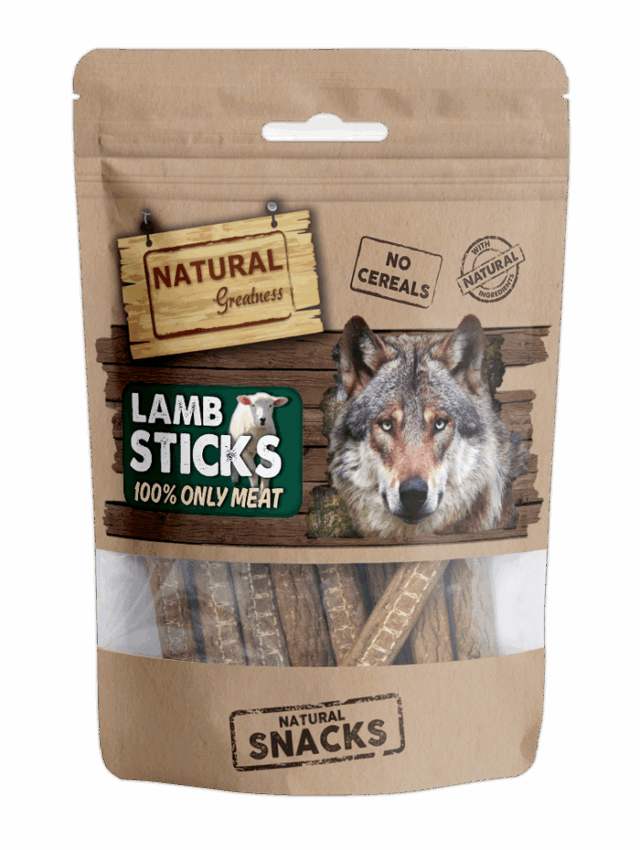Bolsa de sticks de cordero deshidratados 70 g Natural Greatness, snack hipoalergénico