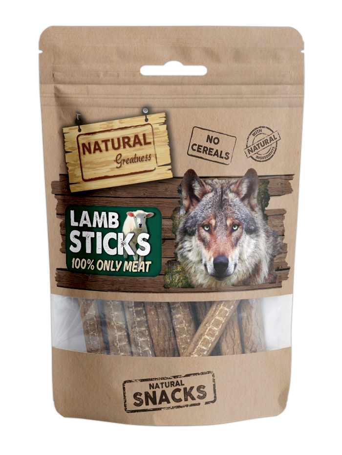 Bolsa de sticks de cordero deshidratados 70 g Natural Greatness, snack hipoalergénico