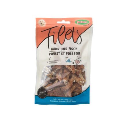 Pareja de filets de pollo y pescado deshidratados 70 g, snack natural para perros sin cereales
