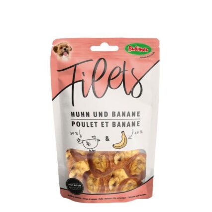 Paquete de filets de pollo con banana 85 g, snack sin cereales, alto en proteínas para perros