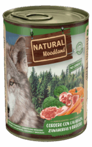Lata Natural Woodland sabor cordero con calabaza, zanahoria y brócoli, sin cereales