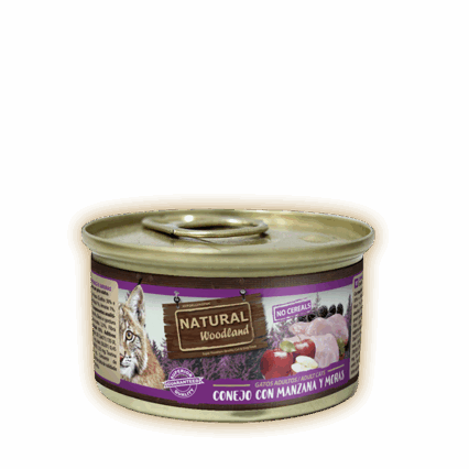 Lata de comida húmeda para gato Natural Woodland sabor conejo con manzana y mora, 85 g