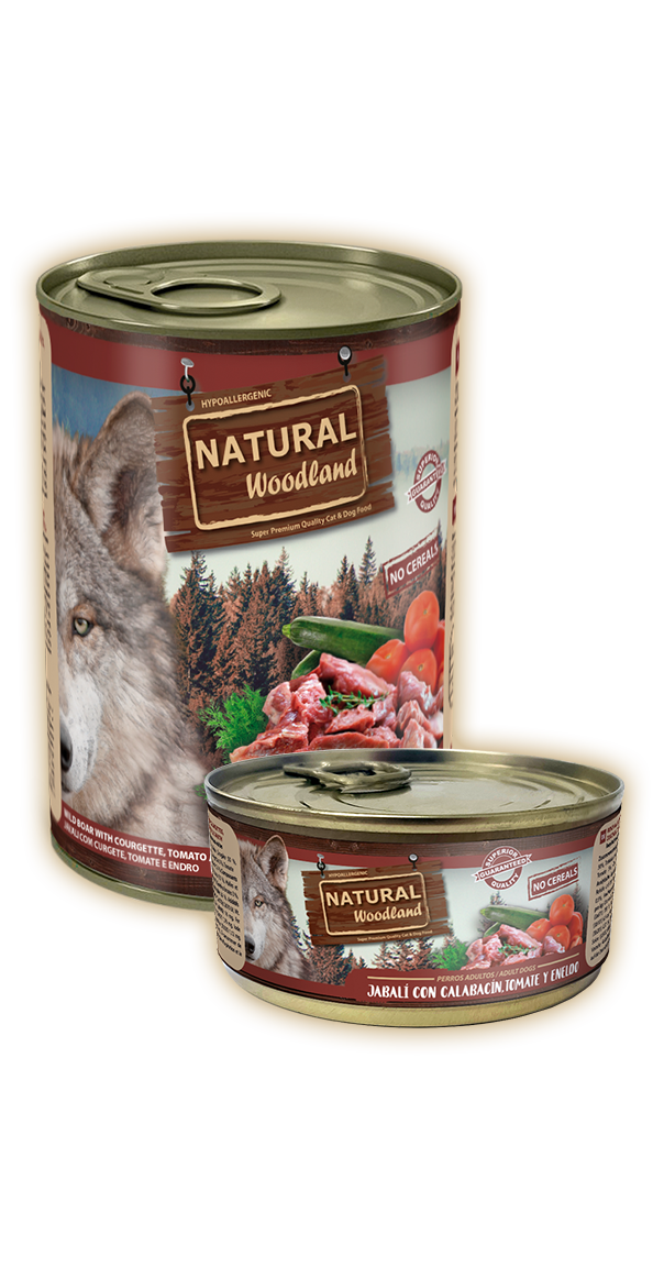 Lata de Natural Woodland sabor jabalí con calabacín, tomate y eneldo, comida húmeda para perros