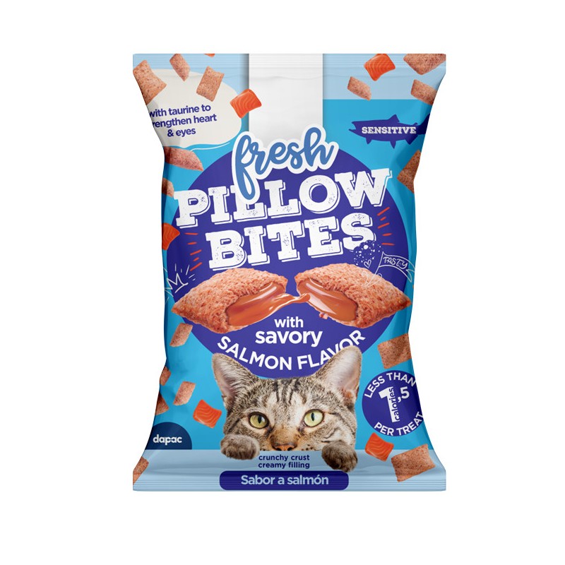 bolsa de Fresh Pillow Bites sabor salmón para gatos, snack con taurina
