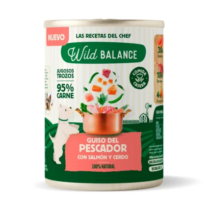 Lata de comida húmeda Wild Balance para perro con salmón, cerdo y verduras
