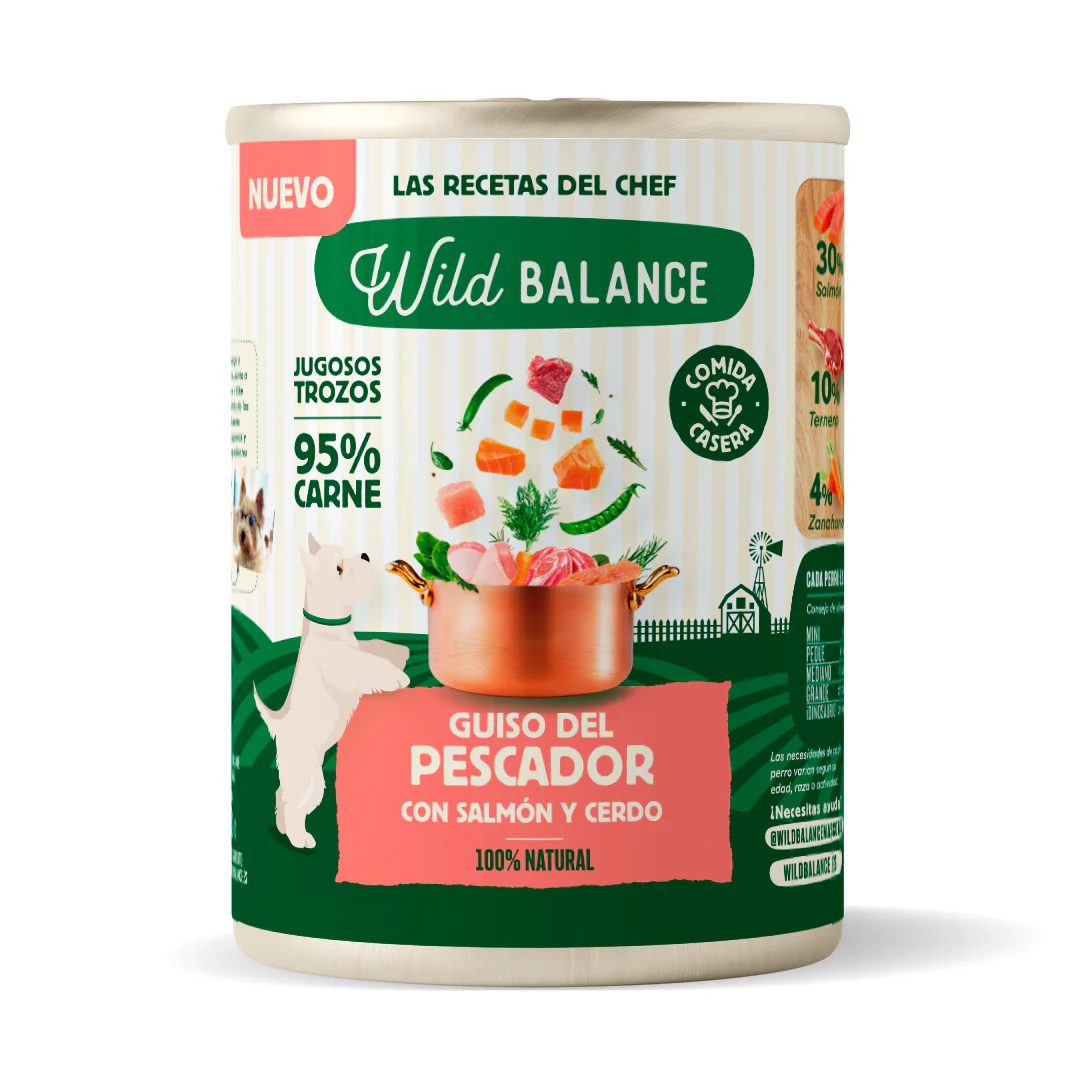 Lata de comida húmeda Wild Balance para perro con salmón, cerdo y verduras